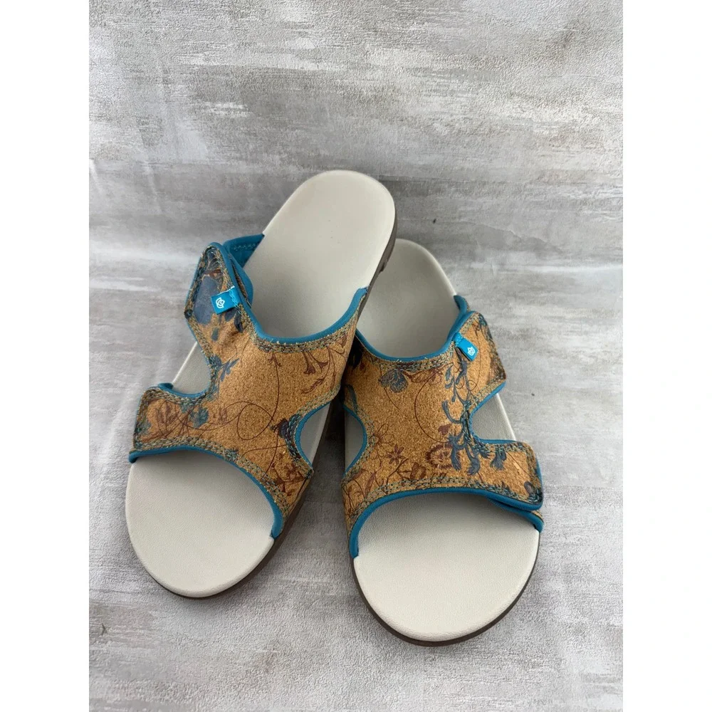 Spenco Kholo Women Sz 10B Orthotic Slide Sandals Tan Blue Floral Cork Adjustable